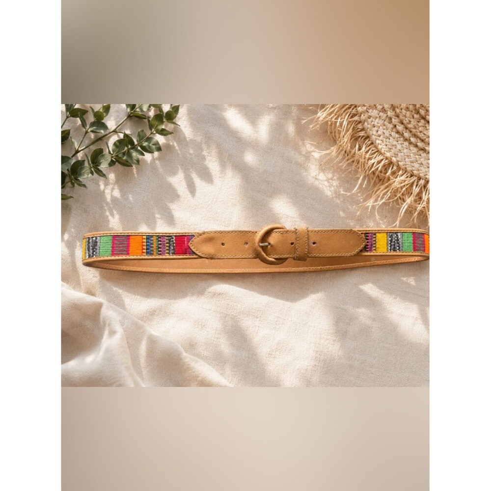 Vintage Guatemalan Woven Leather Belt Colorful Tribal Boho Folk Art Size L